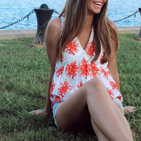 miami Tops - Miami Red and White Top Scalloped Detail Small